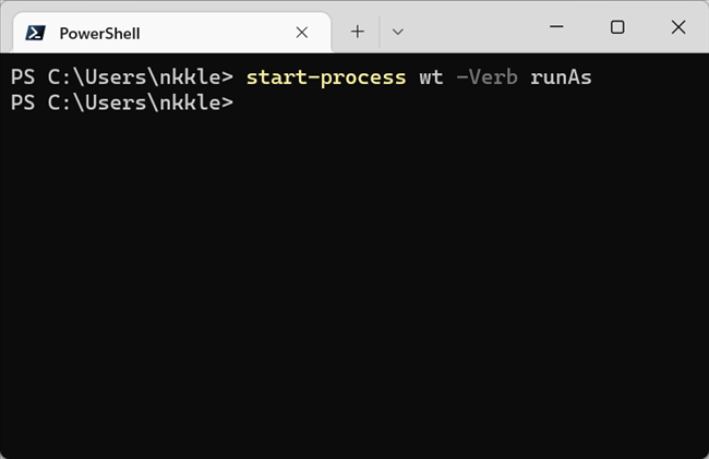 Type &quot;start-process wt -Verb RunAs&quot; into the Terminal.