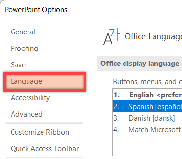 In the "PowerPoint Options" menu, select "Language" on the left.