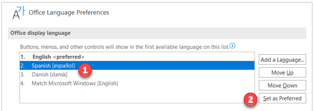 To set a new display language for PowerPoint, select it from the "Office Display Language" menu, then press "Set As Preferred" to confirm.