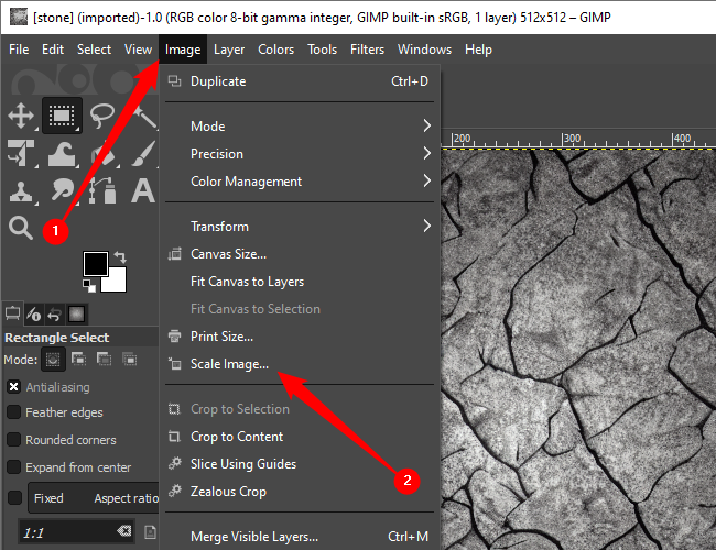 Click &quot;Image,&quot; then &quot;Scale Image,&quot; to change the size of the texture. 
