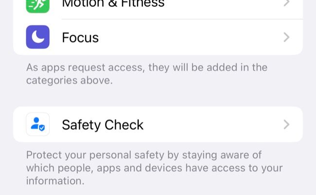 Safety Check option under iPhone Settings