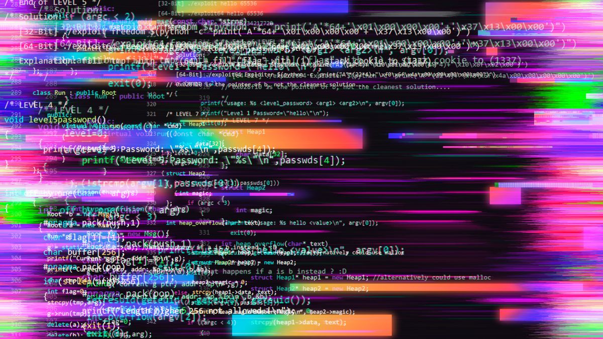 Computer code with colorful glitch art accents.