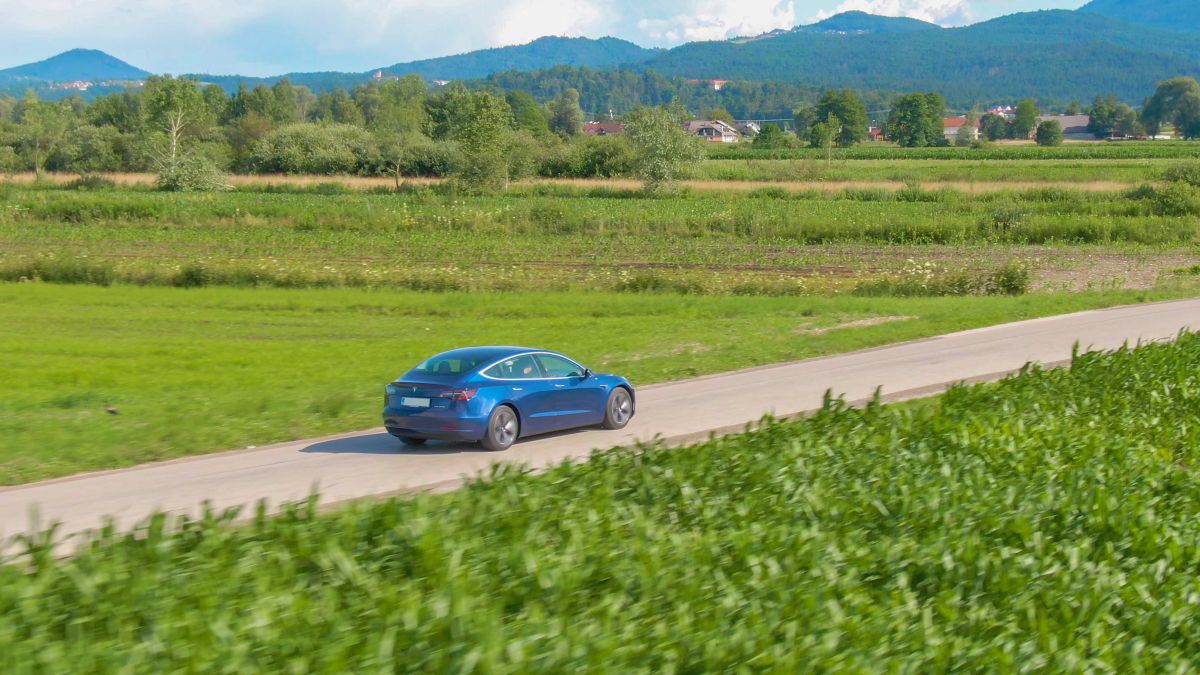 A blue Tesla Model 3 driving on a dirt road through green pastures.
