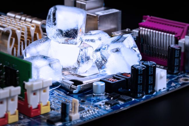 Ice cubes on top of a CPU on a computer's motherboard.