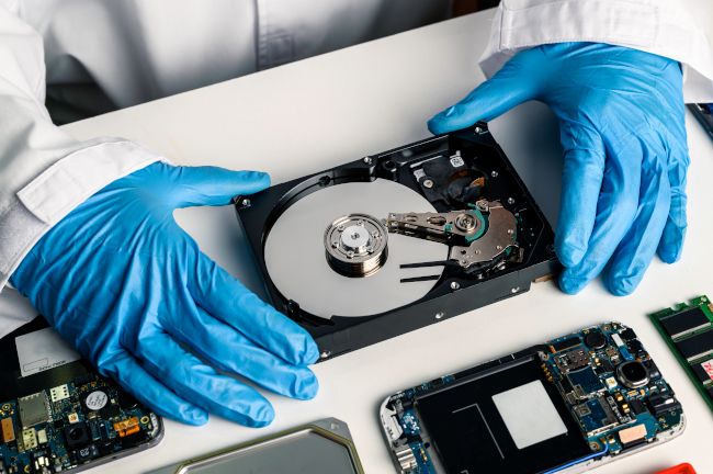 Gloved hands operating on an open hard disk drive.