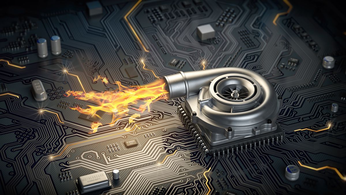 3D render of a CPU microchip turbocharger with fire flame on computer motherboard.
