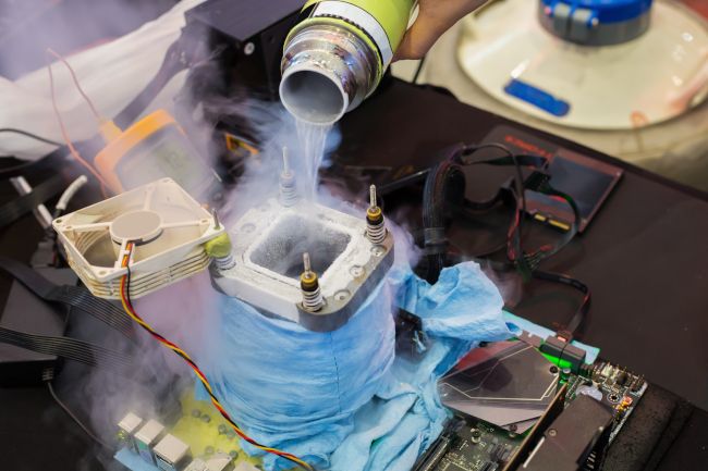 A CPU being overclocked with liquid nitrogen.