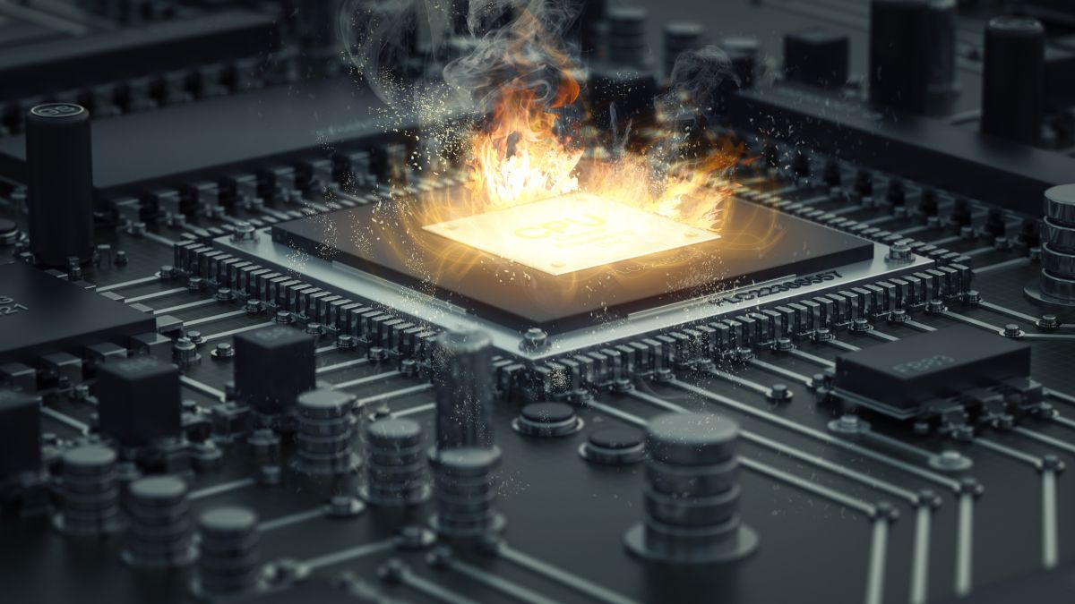 3D illustration of a CPU with flames and smoke rising from it.