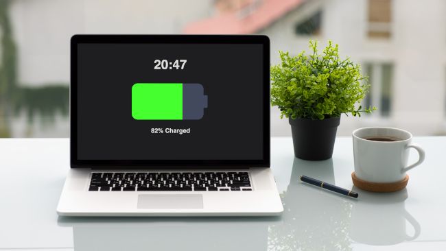 Laptop with a charged battery on the display.