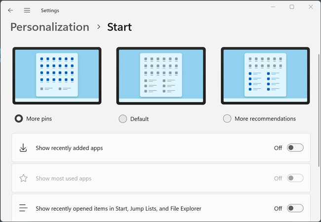 The new Start settings page. You can select three different Start Menu layouts. 