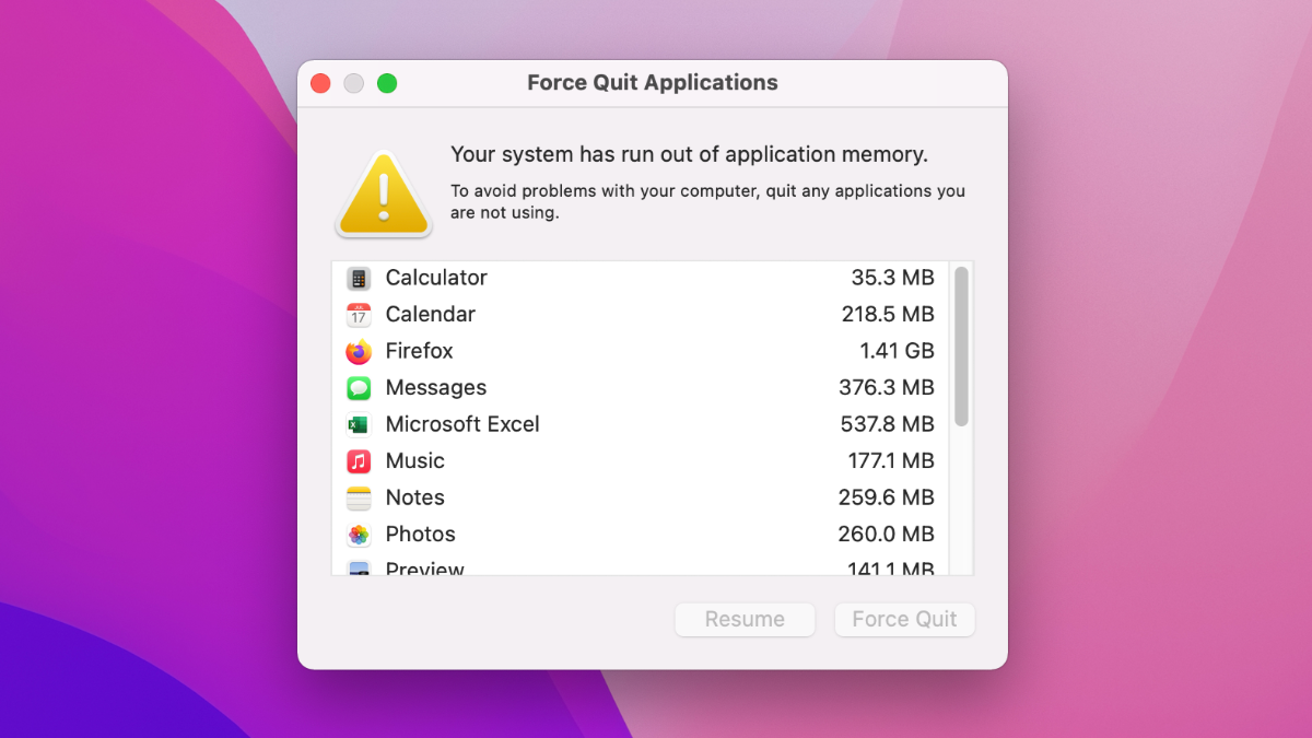 macOS System Memory warning