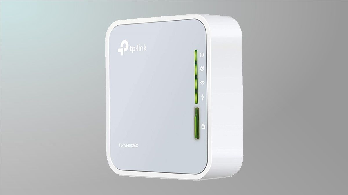 TP-Link travel router on grey background