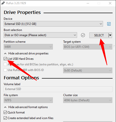 Tick the box that says &quot;List USB Hard Drives,&quot; then click &quot;Select&quot; to pick your ISO. 