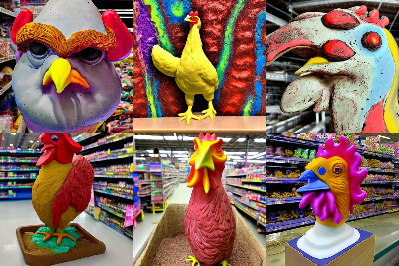 A weird melty clay sculpture of a chicken in a Walmart. 
