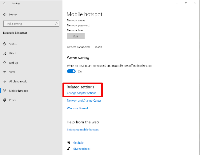 Windows 10 hotspot settings