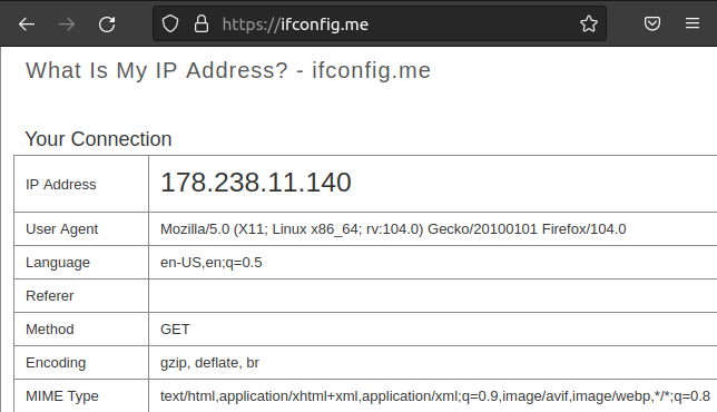The ifconfig.me website displaying an external IP address