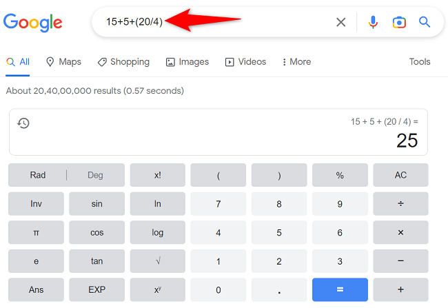 Perform multiple math calculations with Google Search.