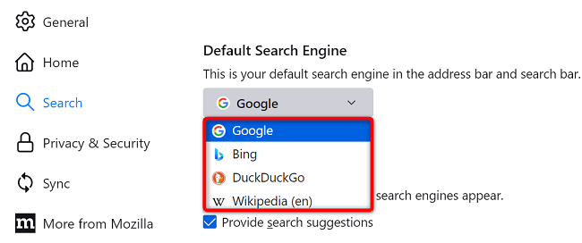 Click the drop-down menu and choose a non-Bing search engine.