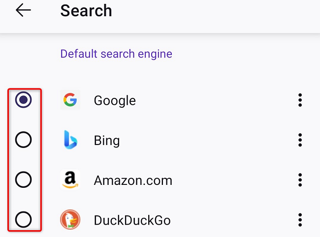 Tap the radio button beside a non-Bing search engine.