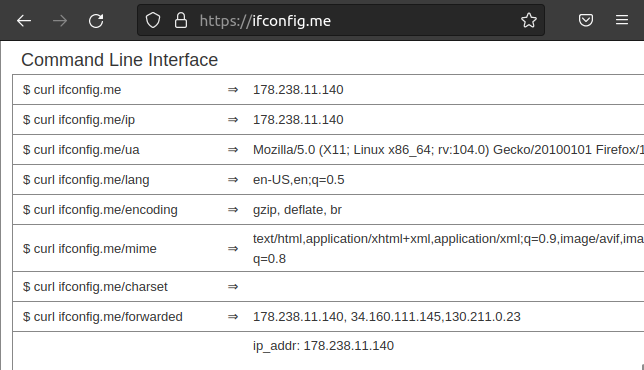 The ifconfig.me website displaying a et of cURLcommands