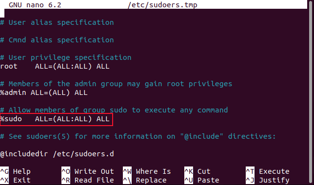 The sudoers file open in the nano editor