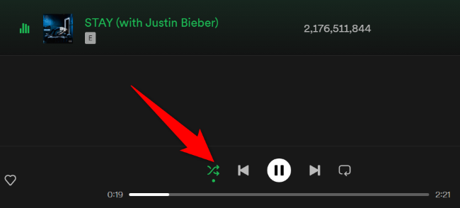 Music shuffling enabled in Spotify for desktop.