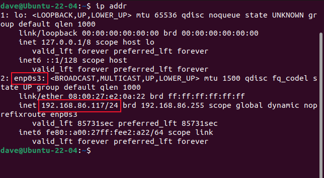 The output of the ip addr command showing the ip address of the computer