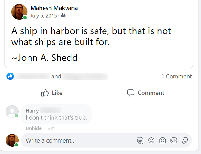 A hidden comment on a Facebook post.