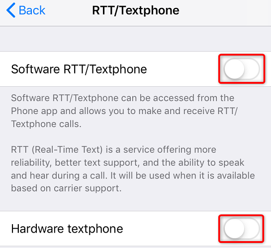 Toggle off options to turn off RTT on the iPhone.