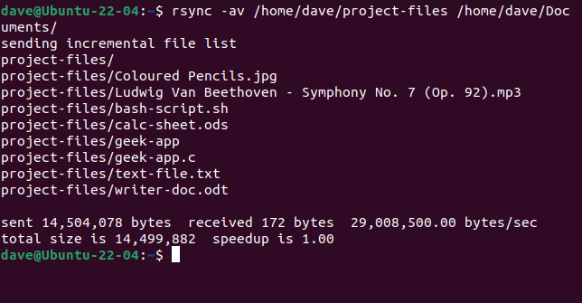 Copying directory and its contents to different directory on the same computer with rsync