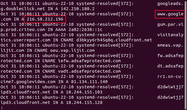 The contents of the dns.txt fiole with a name and IP address for google.com highlighted