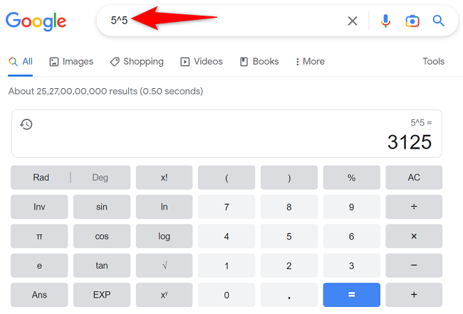 Raise a number to a power on Google Search.