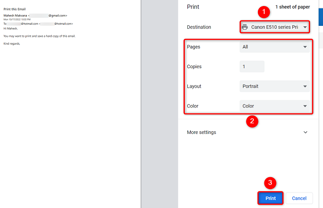 Configure print options and select "Print."