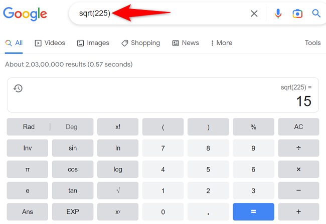 Find a number's square root using Google Search.
