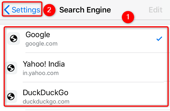 Select a non-Bing search engine and tap the back-arrow icon.