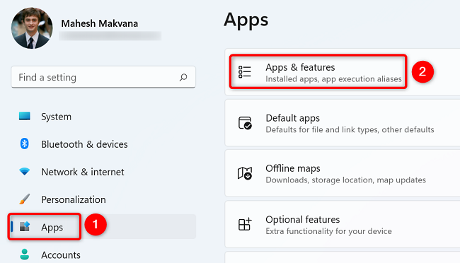 Select Apps > Apps & Features in Settings.