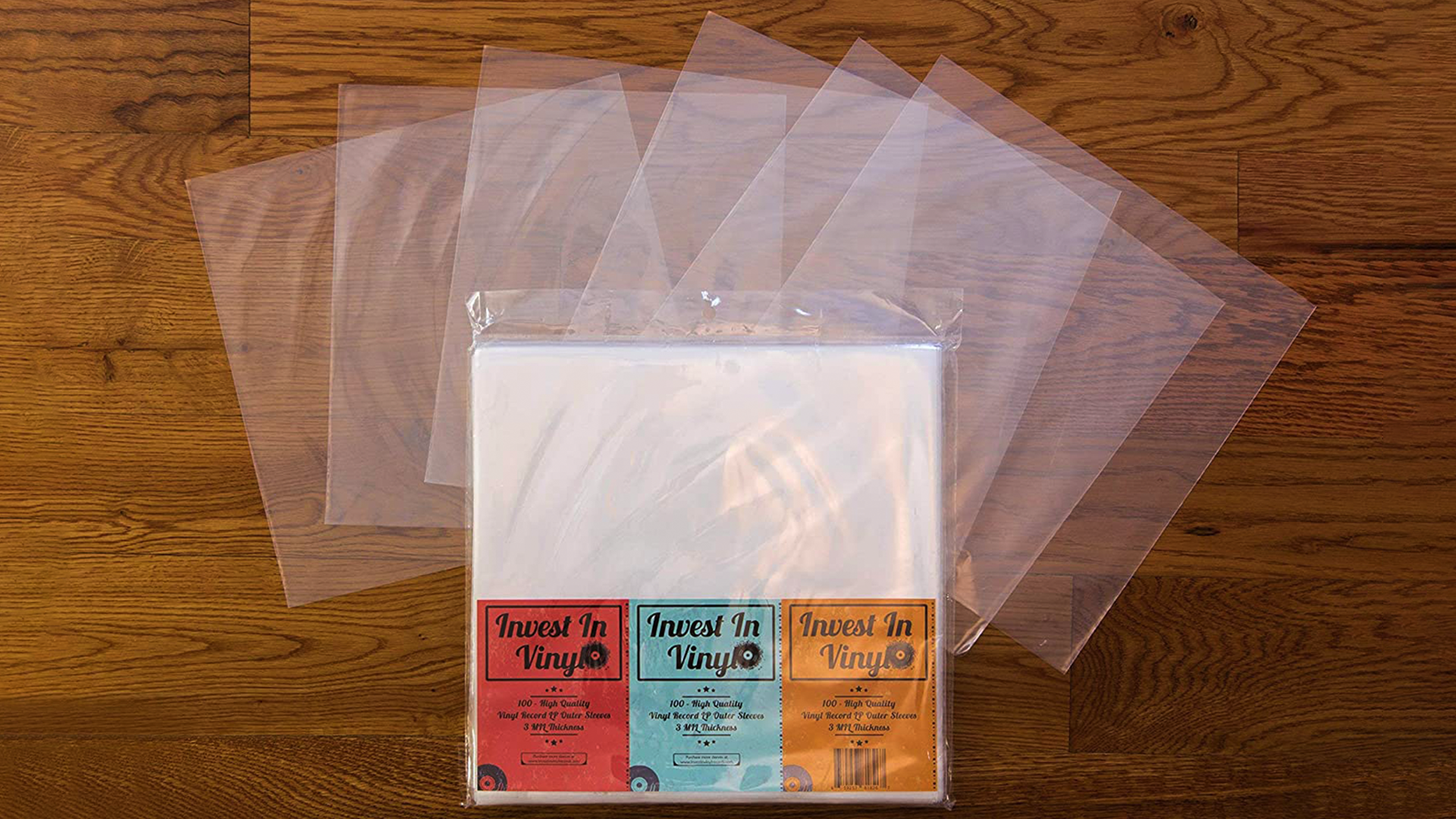 A pack of plastic jackets for vinyl records.
