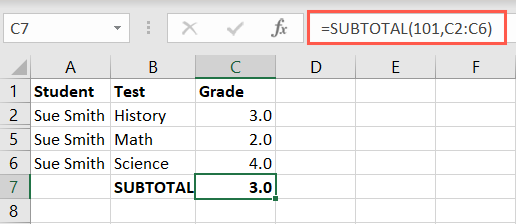 SUBTOTAL function excluding hidden rows