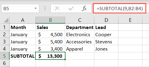 Basic subtotal formula in Excel