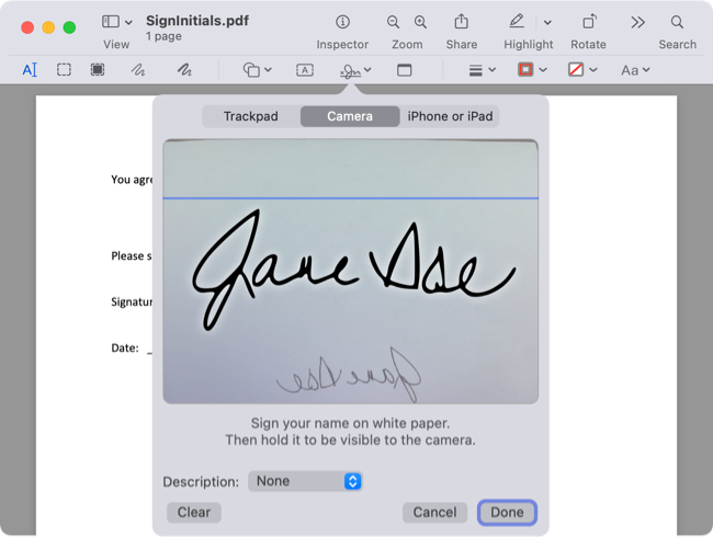 Signature from the Camera on Mac