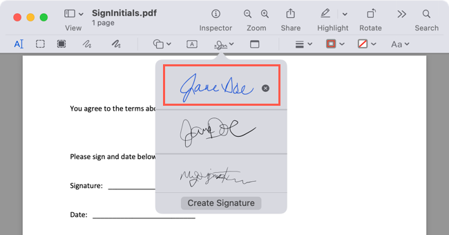 Camera signature in the Sign menu