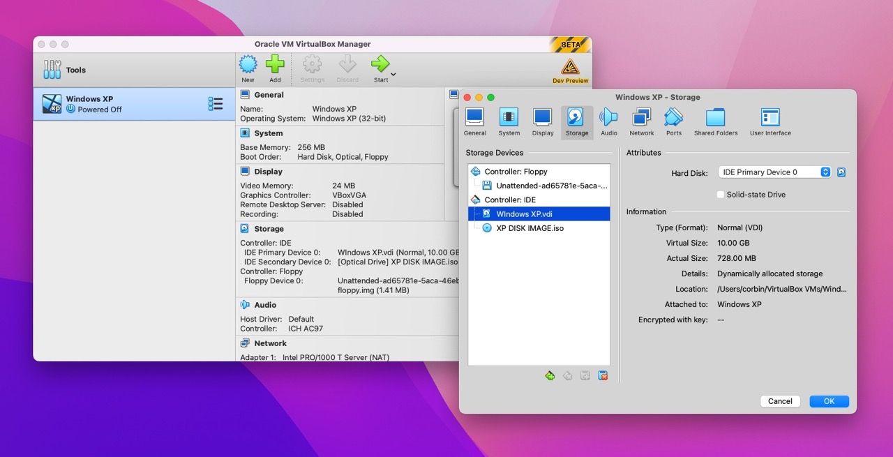 Screenshot of VirtualBox 7.0 on Mac