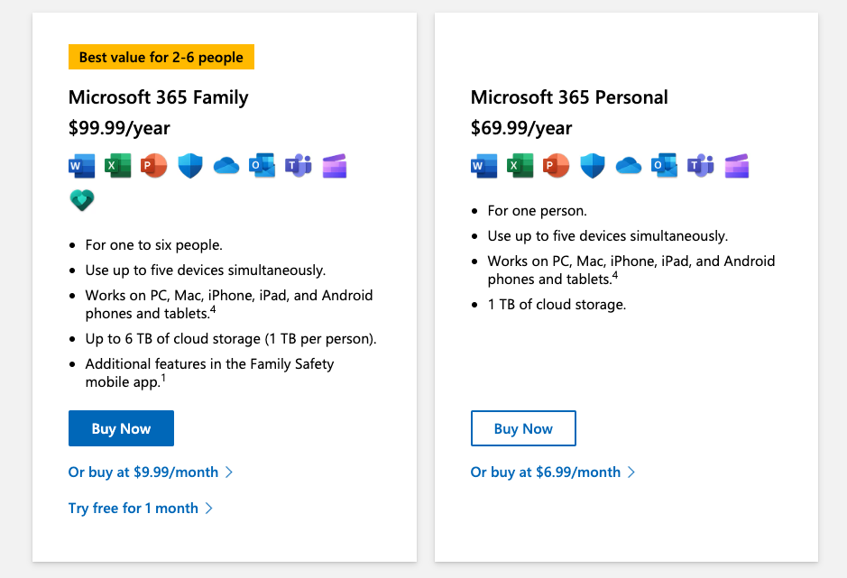 Microsoft 365 Pricing screenshot
