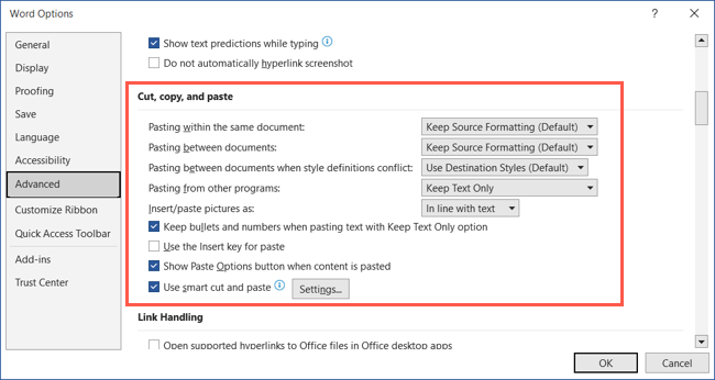 Cut, copy, and paste settings in the Word Options