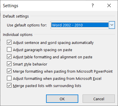 Additional cut, copy, and paste settings