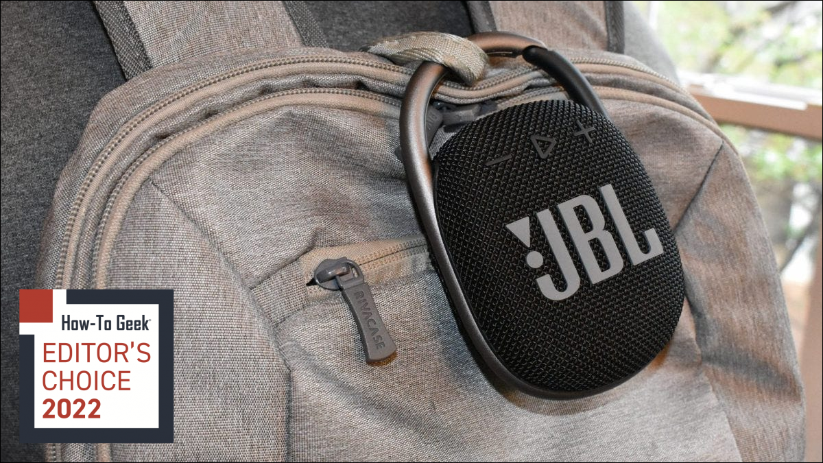 JBL Clip 4 Portable Bluetooth Speaker clipped onto a backpack