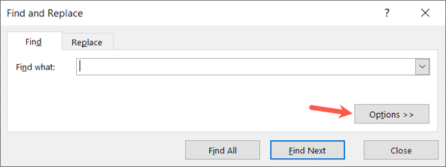Options button in the Find and Replace window