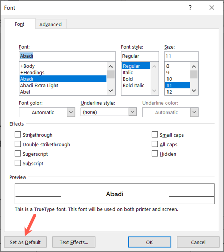 Font settings in Word