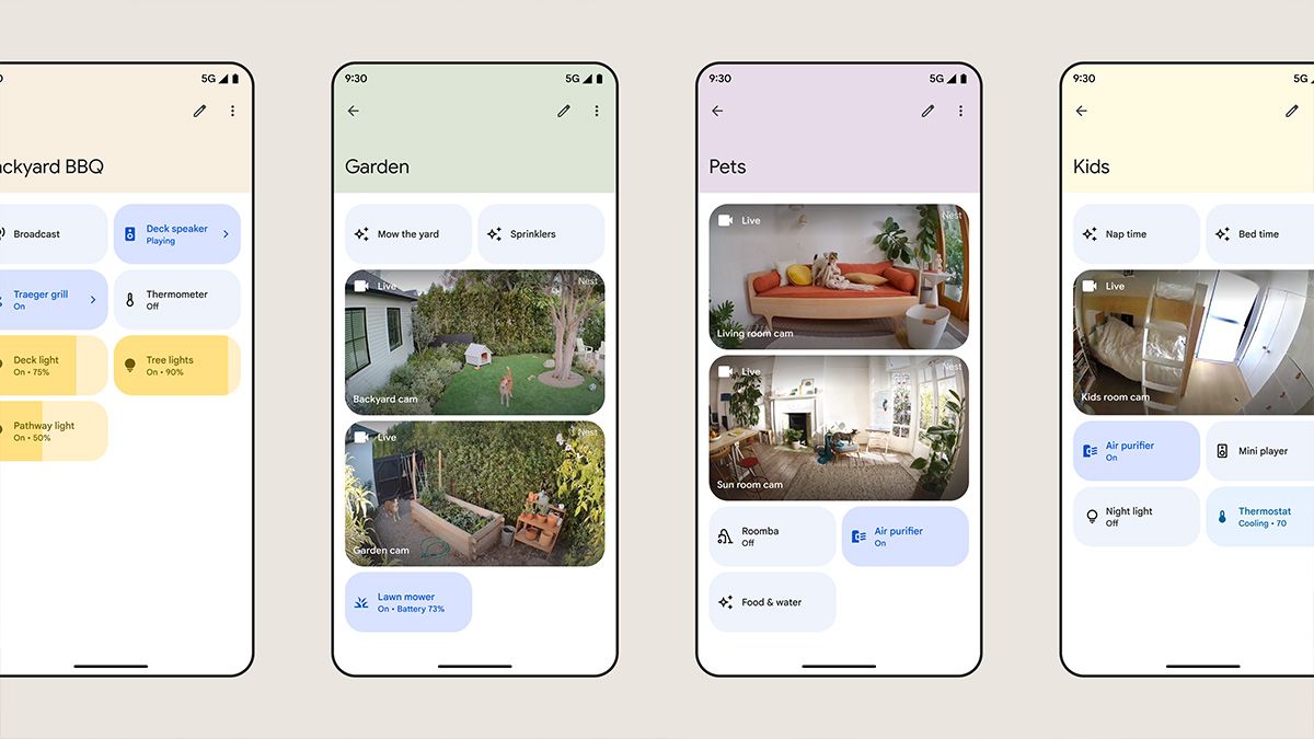 Screenshots of the new Google Home app interface showing the upcoming Spaces organization feature.