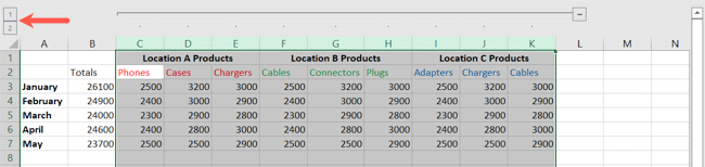 Number buttons for grouped columns